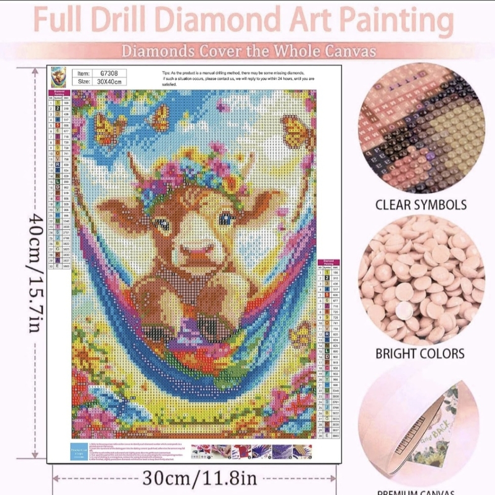 Baby Cow Rainbow Flower Hammock 5D Diamond Painting Kit New - Picture 3 of 7